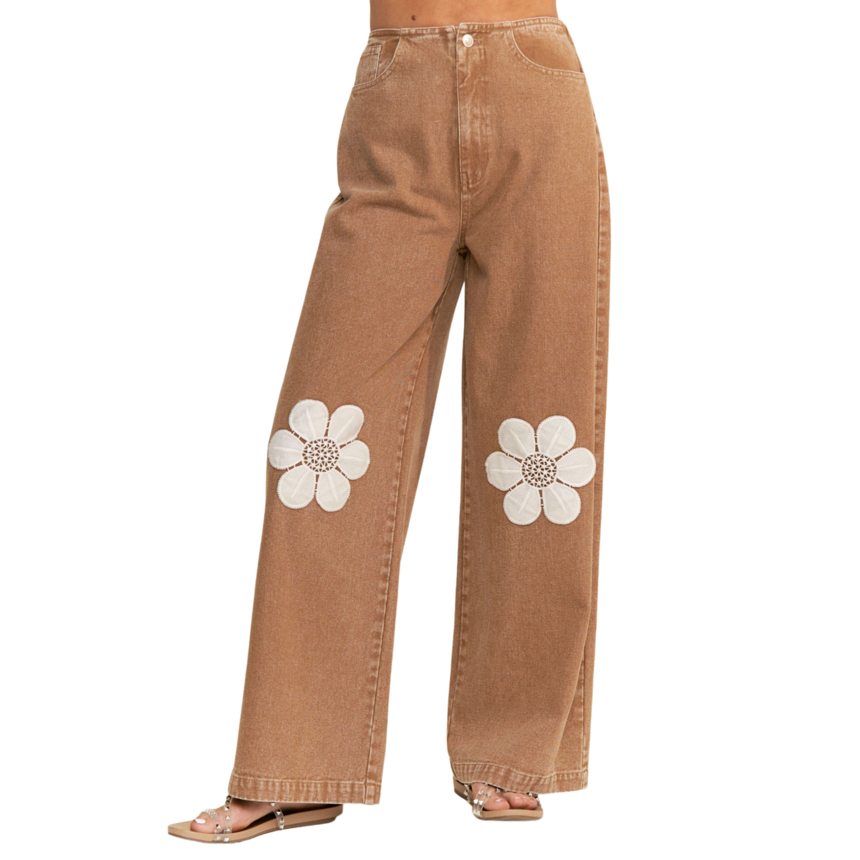 Image of Floral Embroidered Knee Wide Leg Jeans