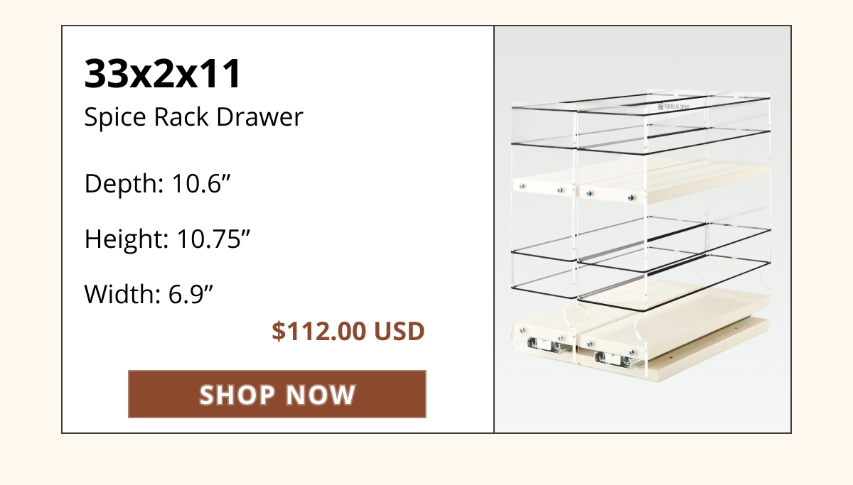 Vertical Spice 33x2x11 double pull-out spice rack drawer system for organizing multiple spice containers.