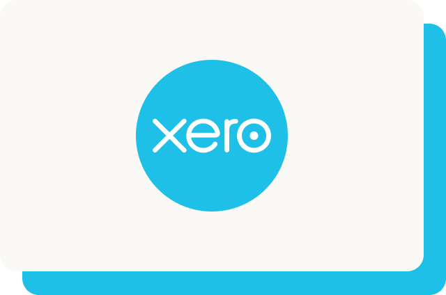 Off-white rounded card with a sky blue offset shadow, featuring the Xero logo — the white lowercase "xero" wordmark on a sky blue circle.