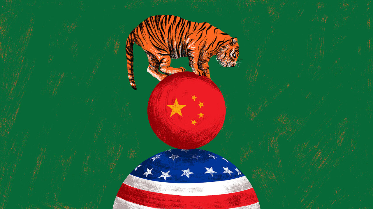 An illustration of a tiger balancing on a red ball with the stars of the China flag which in turn is balanced on a ball with the US flag pattern on it.