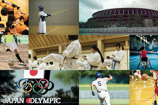 Photo montage of the Tokyo Olympic Stadium and youth in Japan training and playing popular sports. © 2019 imagenavi/Aflo; 2005 Doable/a.collectionRF/amanaimages; 2020 Human Rights Watch; 2015 Satoru Kobayashi/a.collectionRF/amanaimages; 2016 RYO/amanaimages; Trevor Williams/Getty Images; 2020 Human Rights Watch; 2016 Matsuo/Aflo; AdobeStock