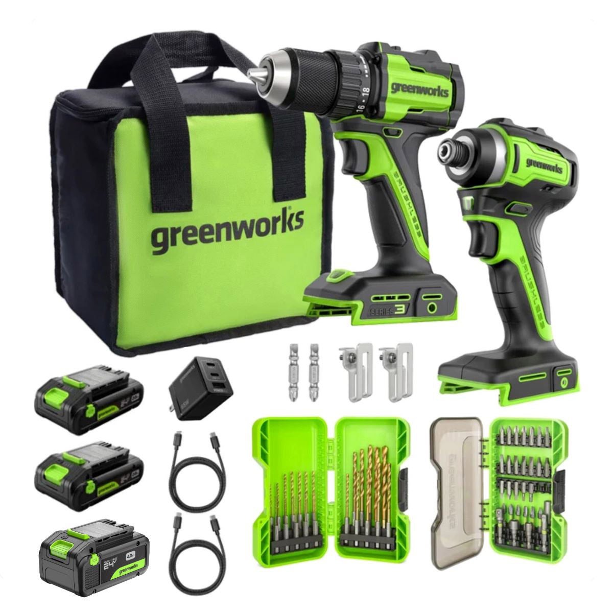 Greenworks 24V Drill and Impact Driver 2x2Ah Battery, 4Ah Battery, Charger