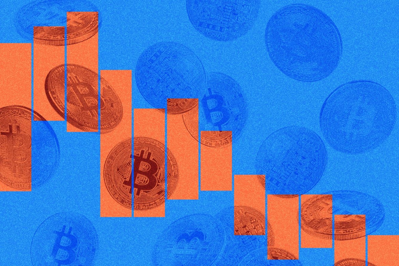 Photo collage showing falling bitcoins on a blue background superimposed on a red downward-trending bar chart.