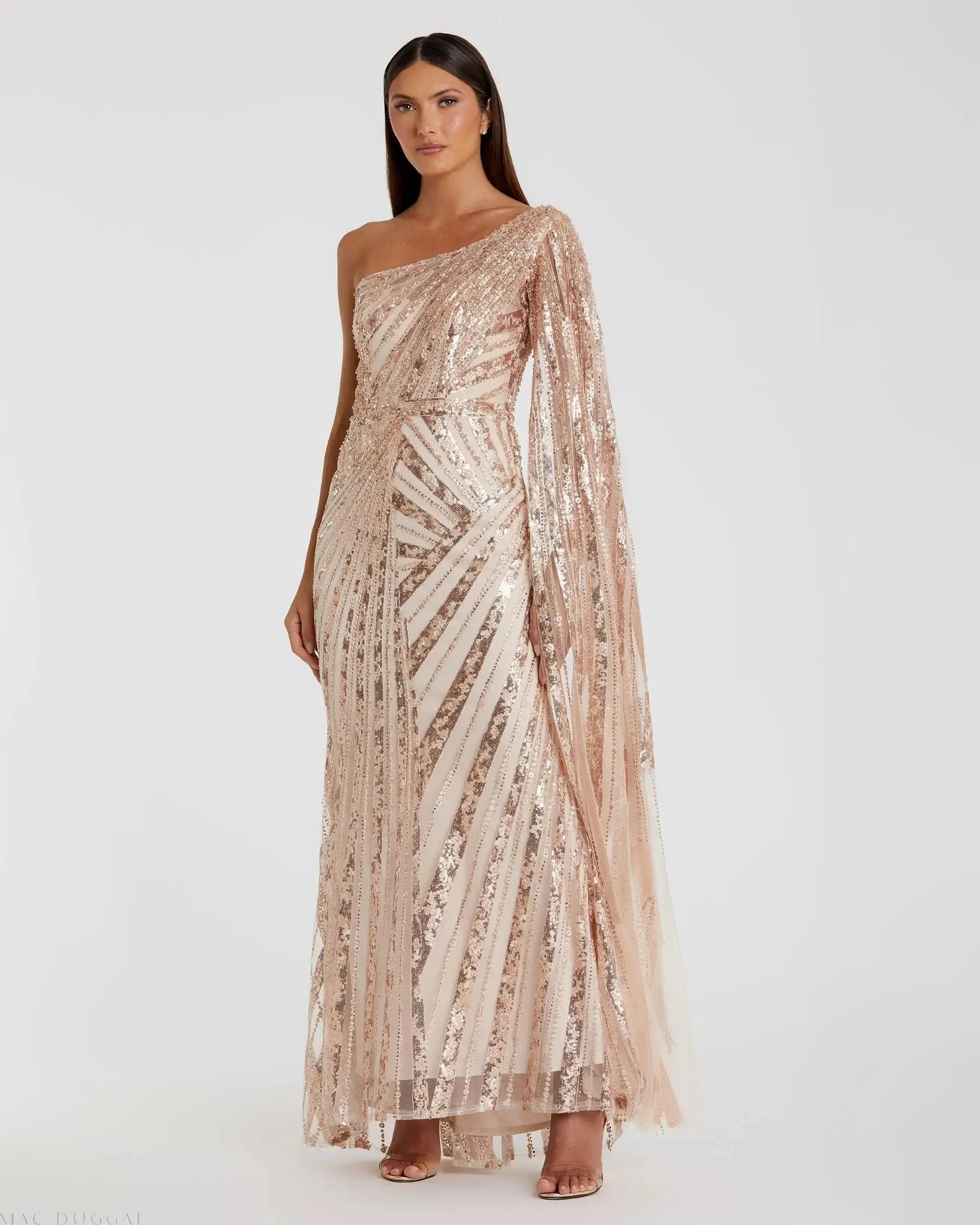 Image of Rose Gold One Shoulder Cape Sleeve Embellished Gown