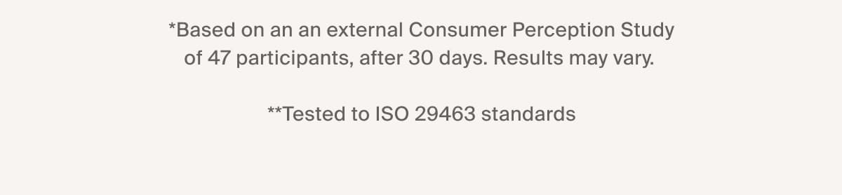 *Based on an an external Consumer Perception Study of 47 participants, after 30 days. Results may vary. |  **Tested to ISO 29463 standards