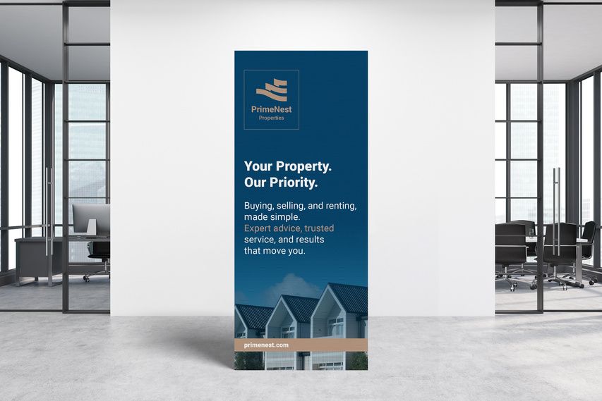 Vertical real estate banner stand in modern office promoting property buying and selling services
