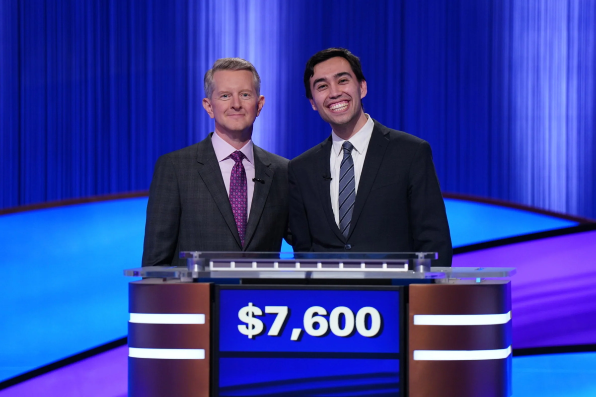 Ken Jennings and Caleb Groen on set of Jeopardy!