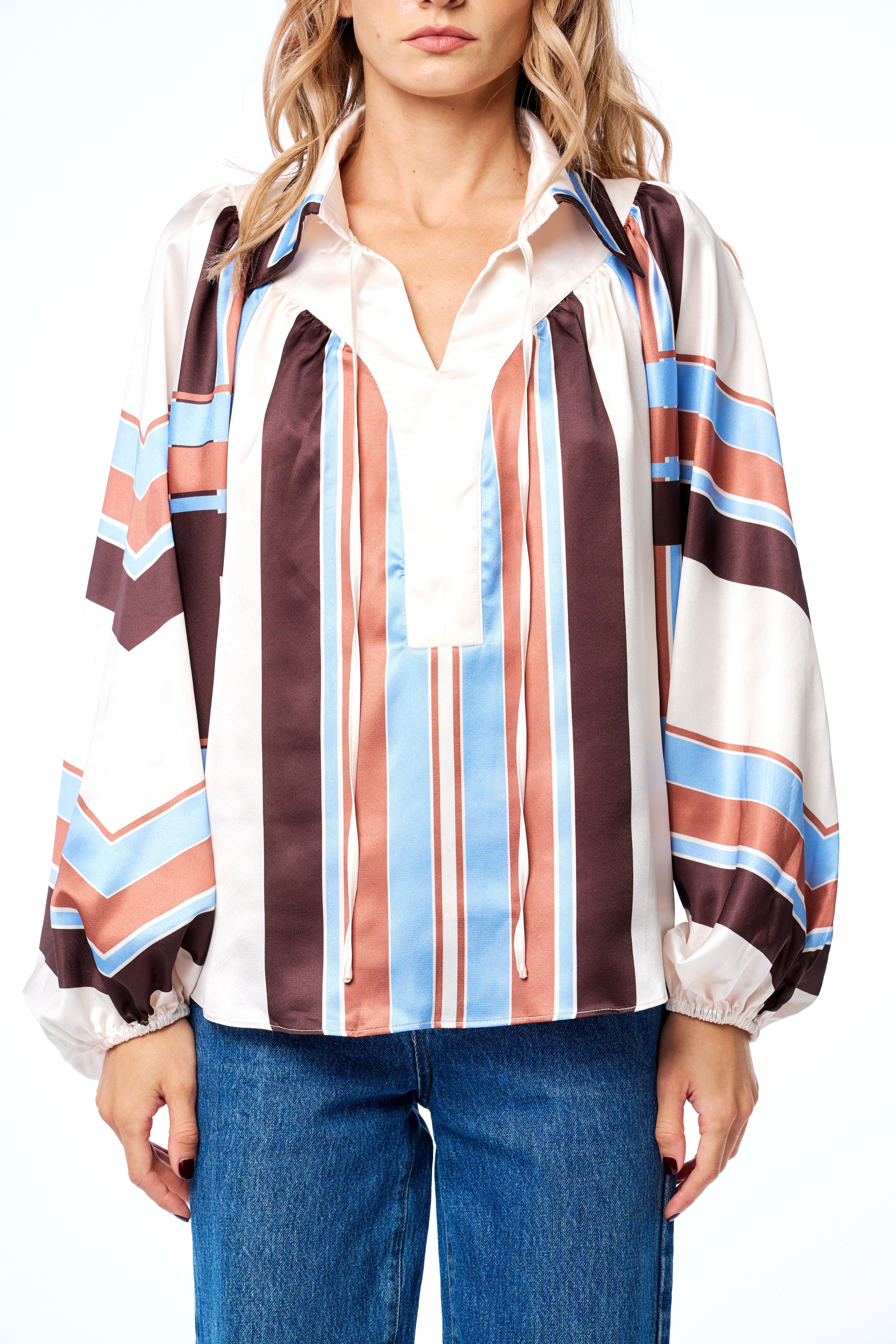Image of Nicolletta Striped Satin Long Sleeve Top