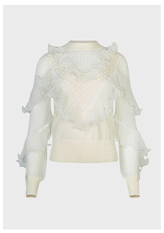 White Long Sleeve Knit With Sheer Details & Cascading Ruffles
