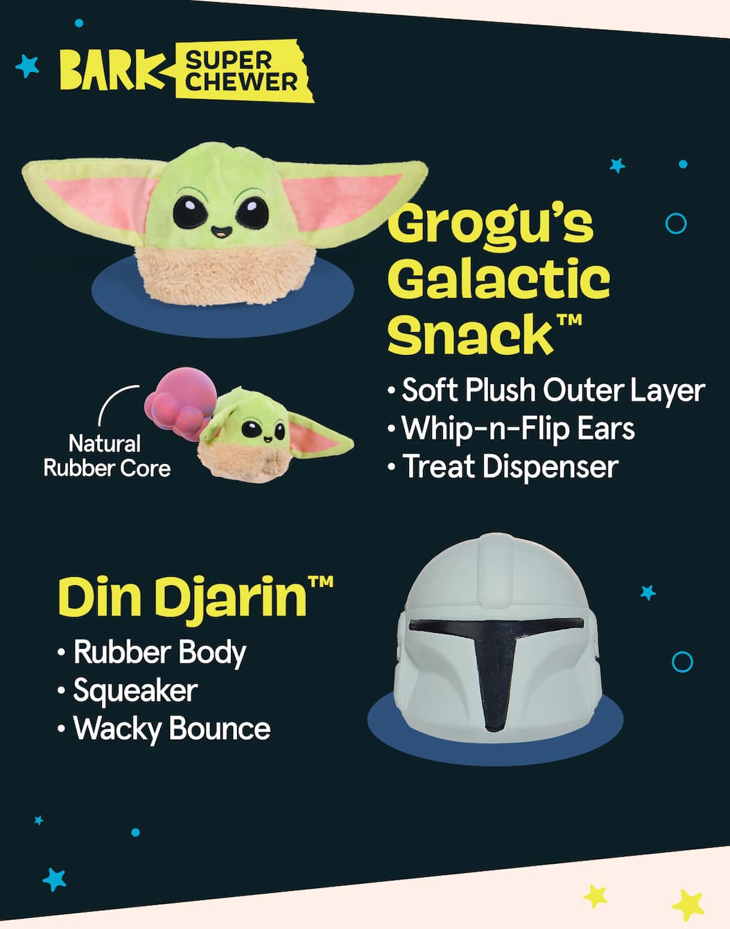 BarkBox Super Chewer | Grogu's Galactic Snack™ ·Soft Plush Outer Layer ·Natural Rubber Core ·Whip-n-flip Ears ·Treat Dispenser | Din Djarin™ ·Rubber Body ·Squeaker ·Wacky Bounce