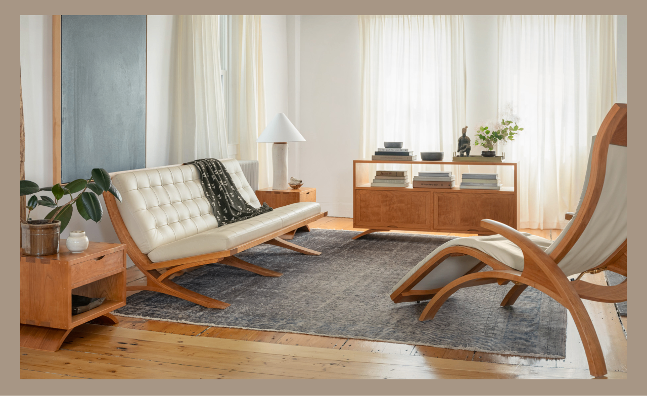 Living Room featuring the Vita Three Place Sofa, Vita Credenza, Chaise and Vita Side Cube with drawer
