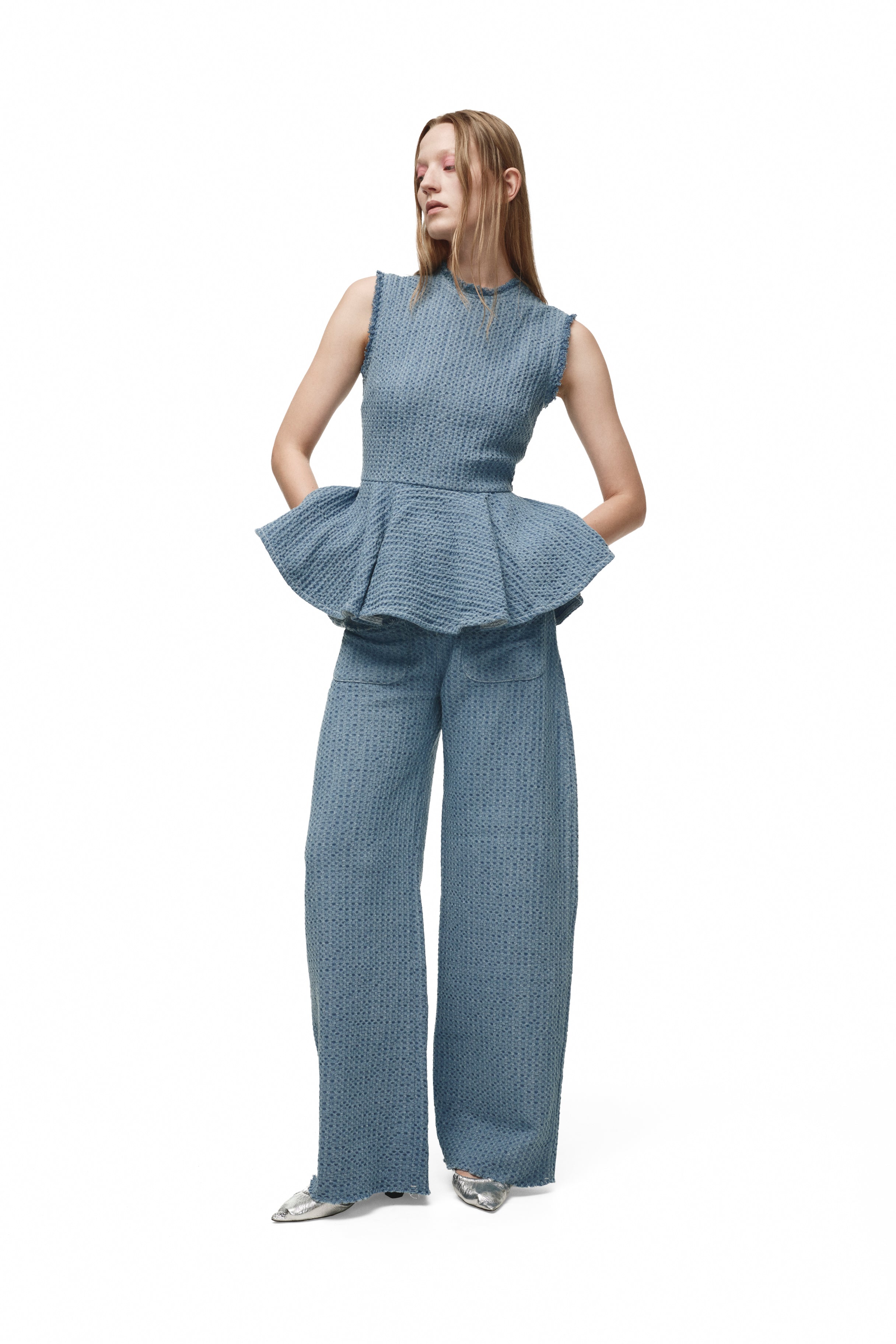 BLUE TWEED PATCH POCKET BOYFRIEND TROUSERS