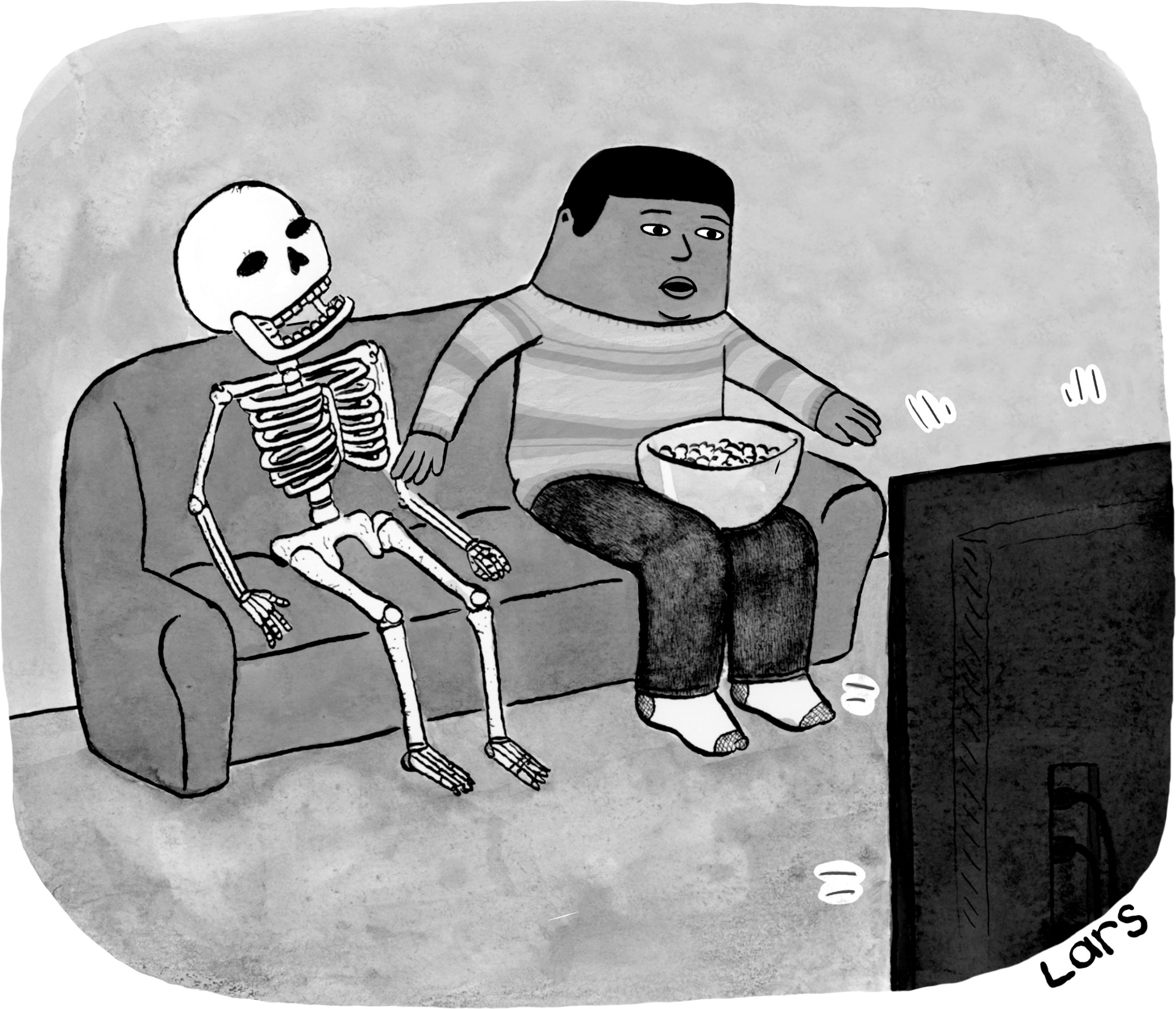 Person sitting on the couch with a skeleton.