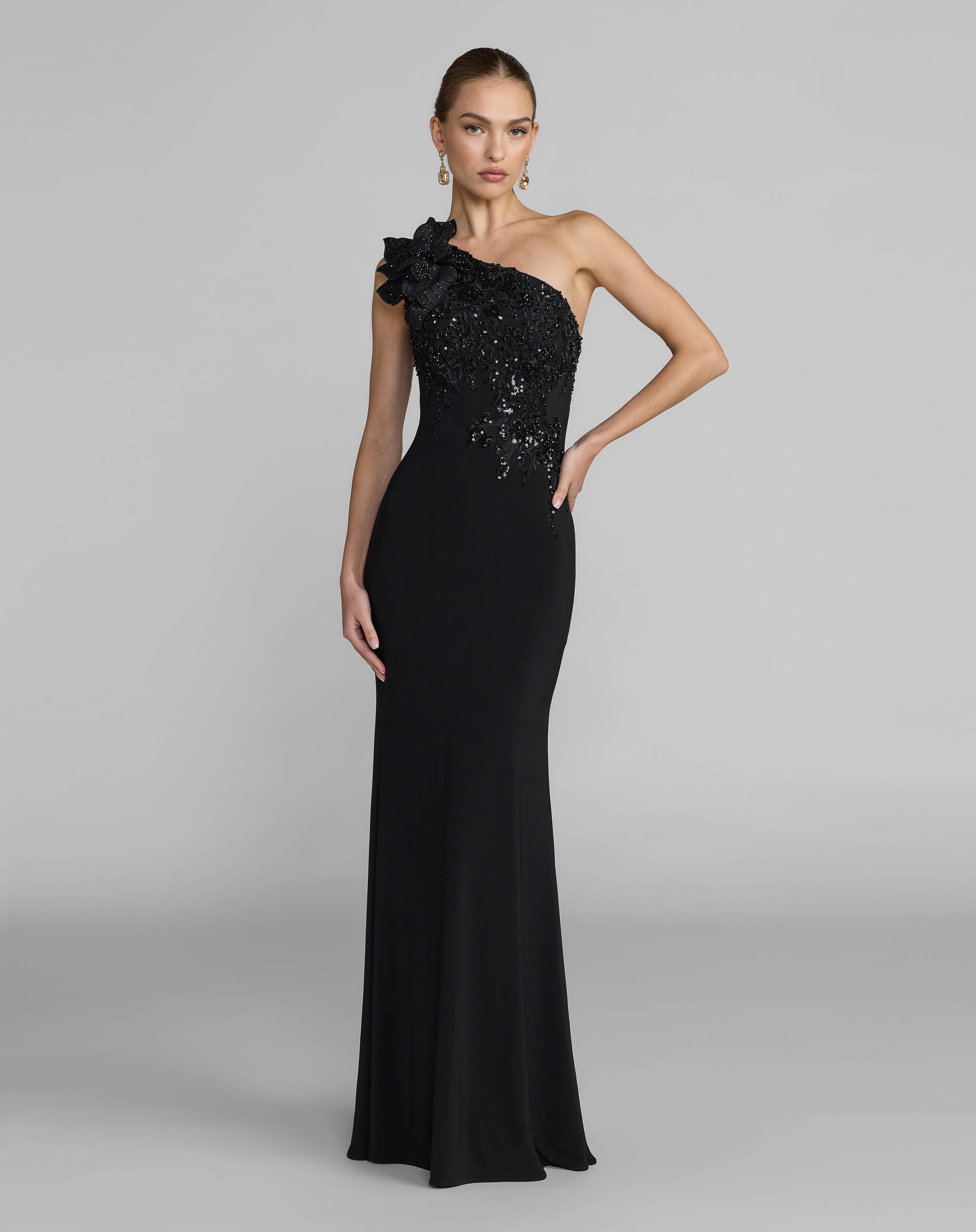 Image of Black Embroidered Jersey One Shoulder Gown with 3D Flower