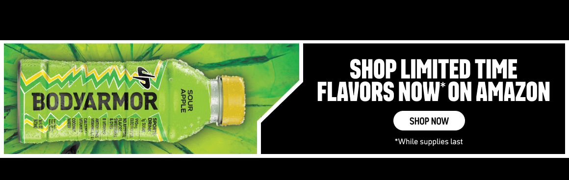 BODYARMOR Sour Apple sports drink promoting limited-time flavors available on Amazon.