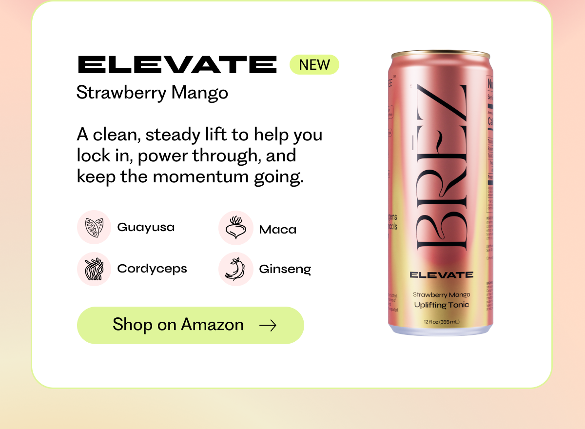 Elevate [NEW] | Strawberry Mango | A clean, steady lift to help you lock in, power through, and keep the momentum going. Guayusa, Cordyceps, Maca, Ginseng | Shop on Amazon →