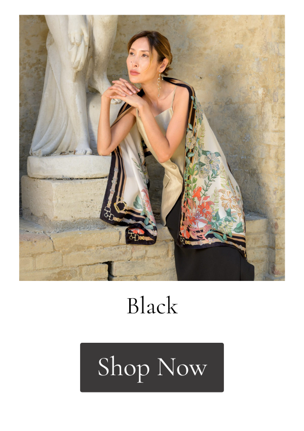Black floral and equestrian silk scarf