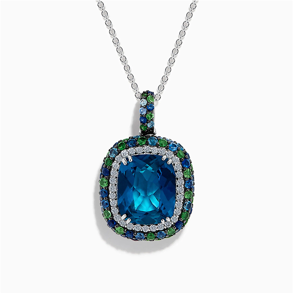 925 Sterling Silver Blue Topaz Cushion Multi Gemstone Halo Pendant