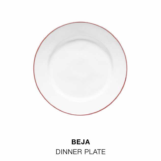 Styled for serving: Beja dinner plate in white with a red rim, Beja soup/pasta plate in white with a red rim and Gomos water glass in glass