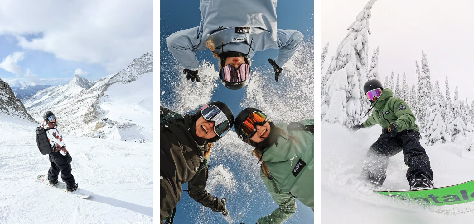 Three snowboarding images: solo rider on mountain, overhead group shot, rider in forest.