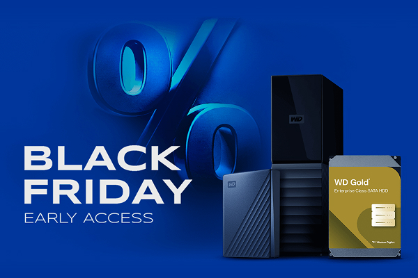 "Black Friday Early Access" text with a large blue percentage symbol and various Western Digital external hard drives and internal SSDs."