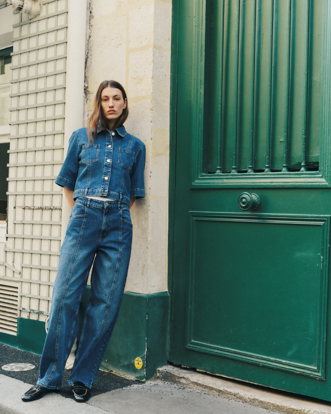 Girl in dark blue denim set