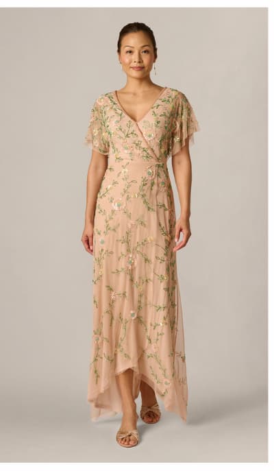Flutter Sleeve Beaded Wrap Dress In Blush Multi
