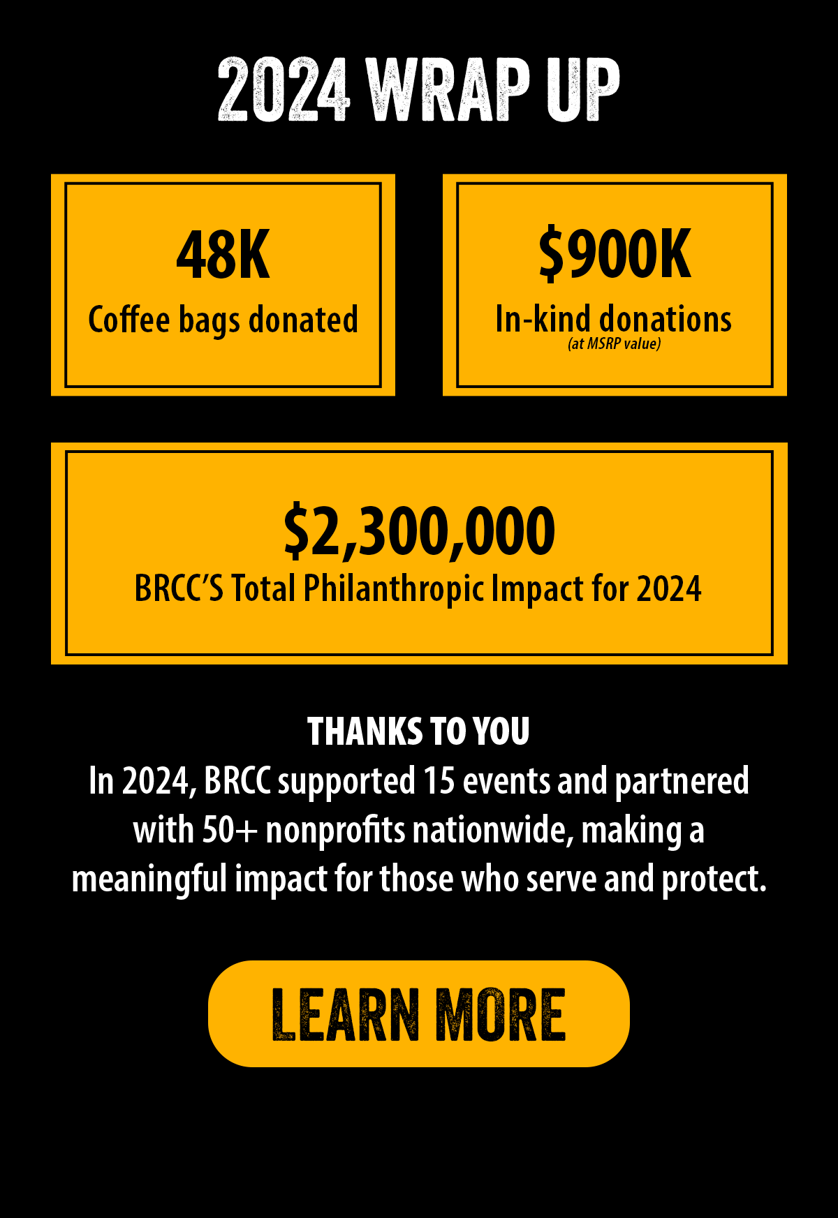 THANKS TO YOU In 2024, BRCC supported 15 events and partnered with 50+ nonprofits nationwide, making a meaningful impact for those who serve and protect.