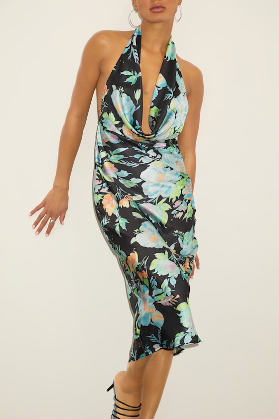 Image of Nuliana Black Multi Floral Satin Backless Midi Dress
