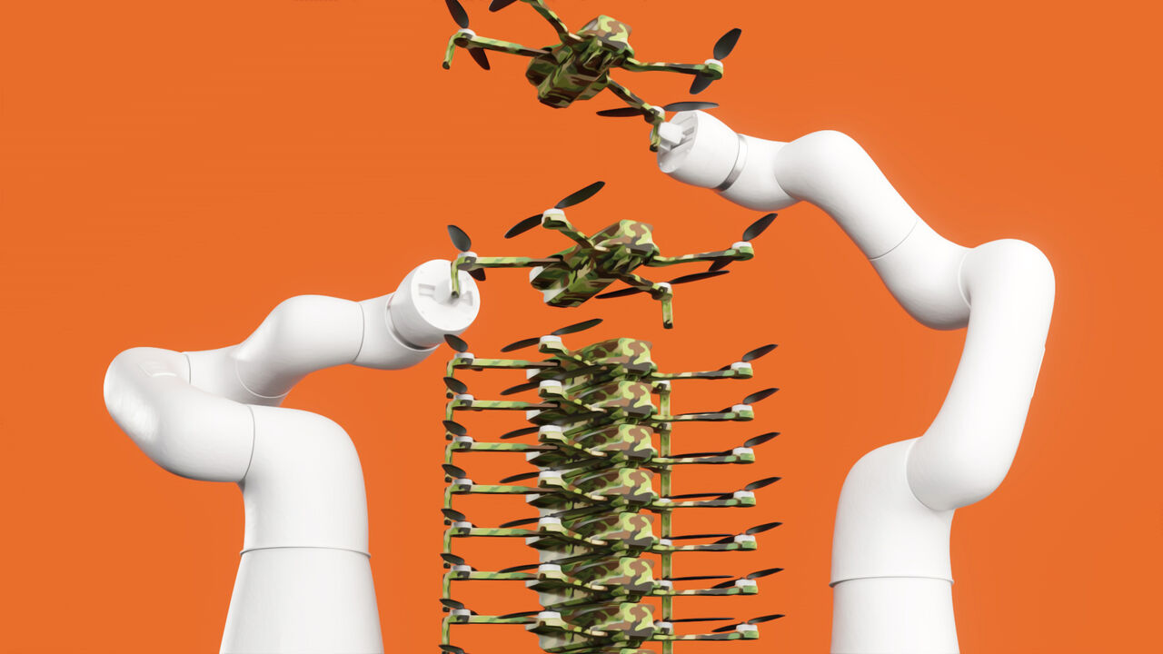 This illustration shows two robotic arms handling small camouflage drones, stacking them in a tall pile against an orange background.