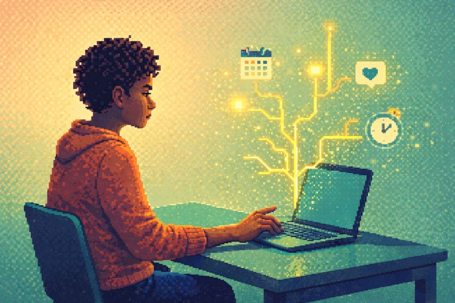 A pixel art illustration of a calm entrepreneur at a desk, hand paused above a laptop. Glowing branching paths suggest thoughtful decision-making.