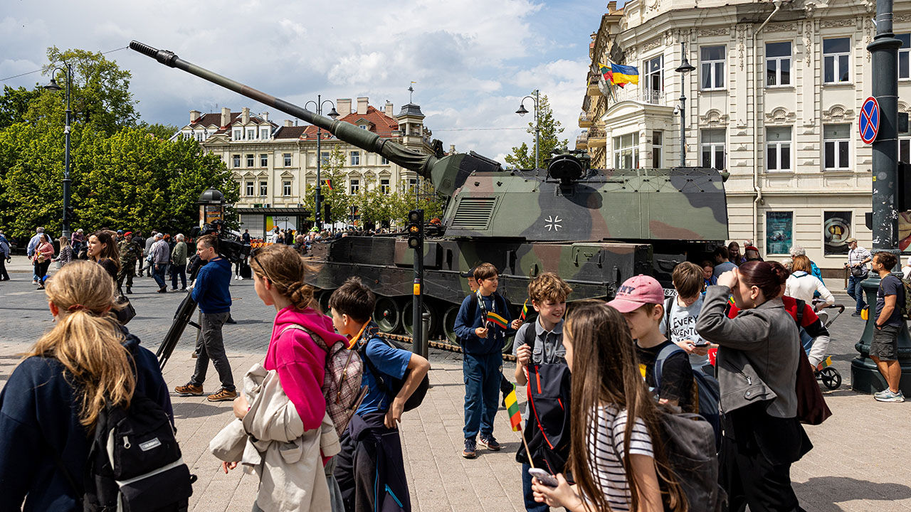 People attend the ceremonial roll-call of Germany's 45th Armoured Brigade, Vilnius, Lithuania