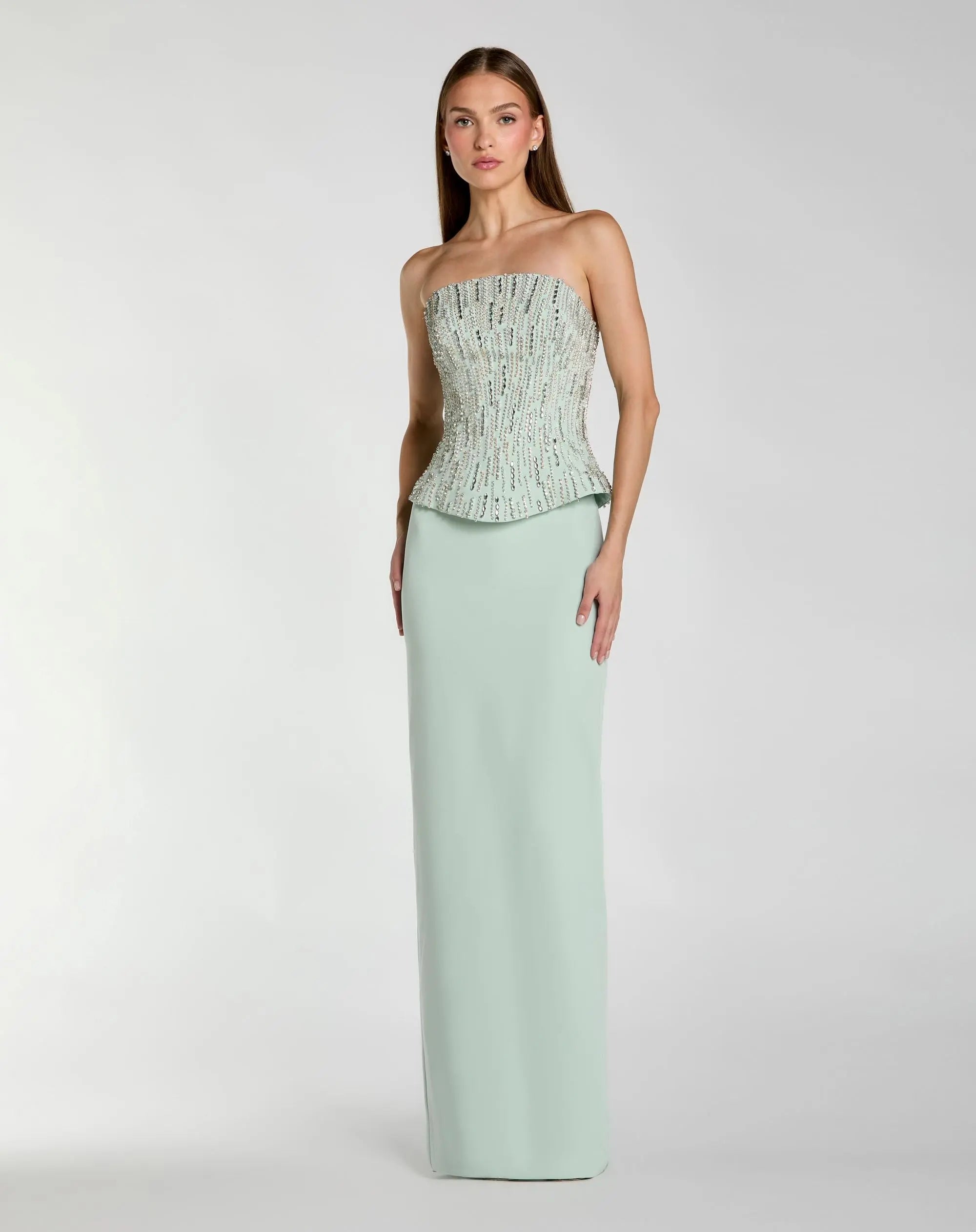 Image of Green Embellished Crepe Strapless Column Gown
