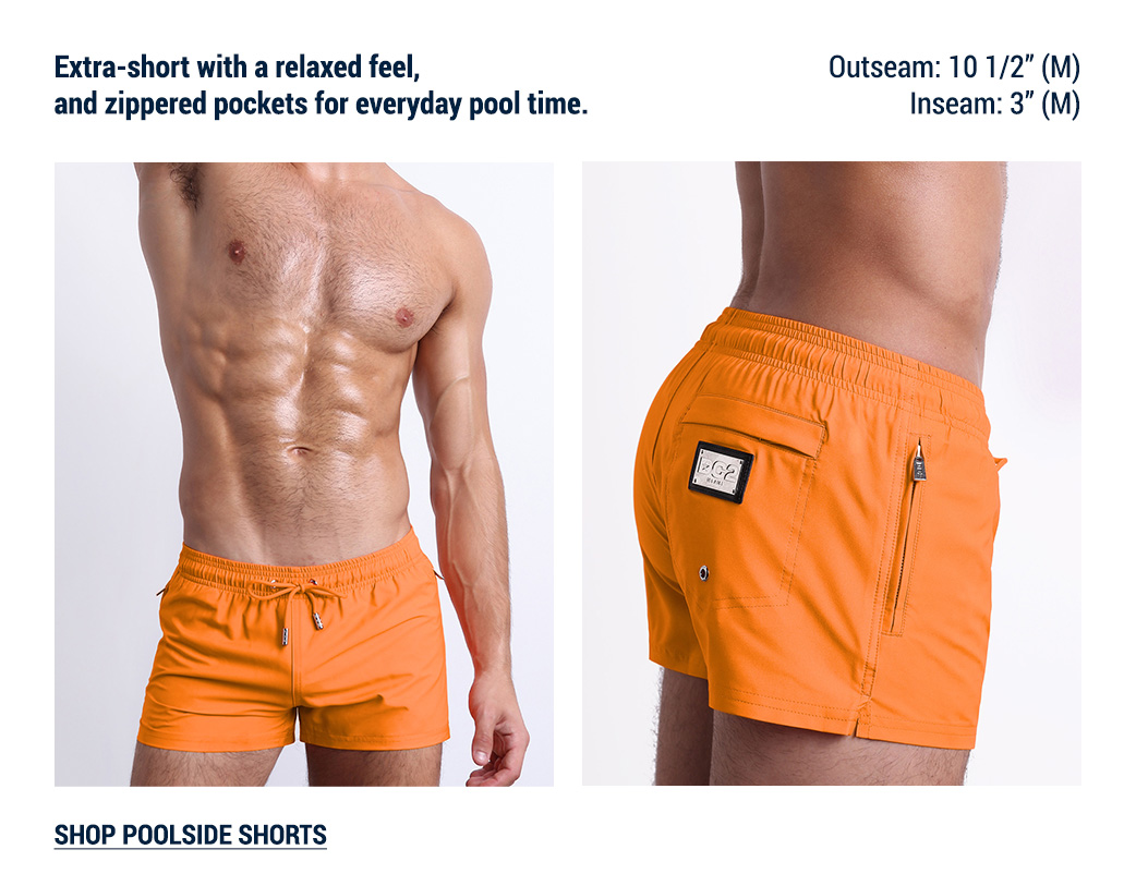The Shorter Silhouette edit — DC2 Match Point Orange Poolside Shorts featuring a shorter silhouette, relaxed feel, and functional zippered pockets.