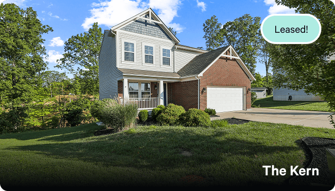 An exterior image of The Kern, with a tag in the top right corned that says Just Leased!