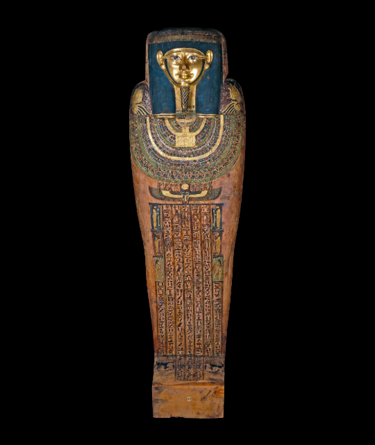 Decorated Ancient Egyptian pharaoh tomb, base and lid of the anthropoid wooden inner coffin of Hornedjitef.