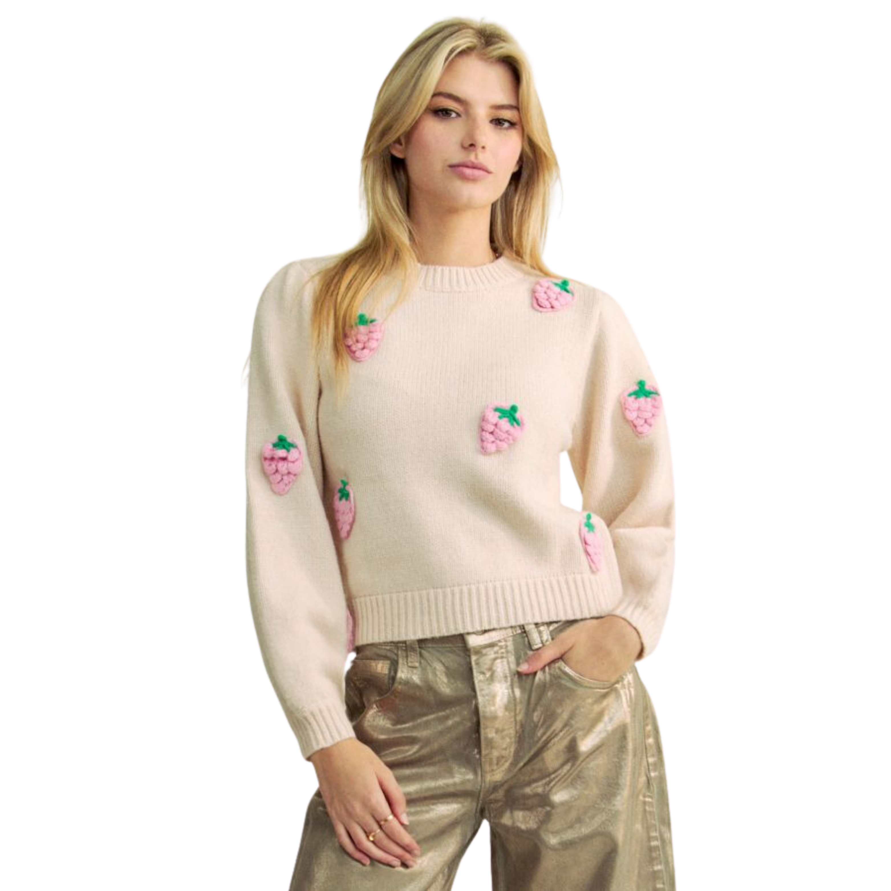 Image of Plus Crochet Strawberry Balloon Sleeve Sweater Top