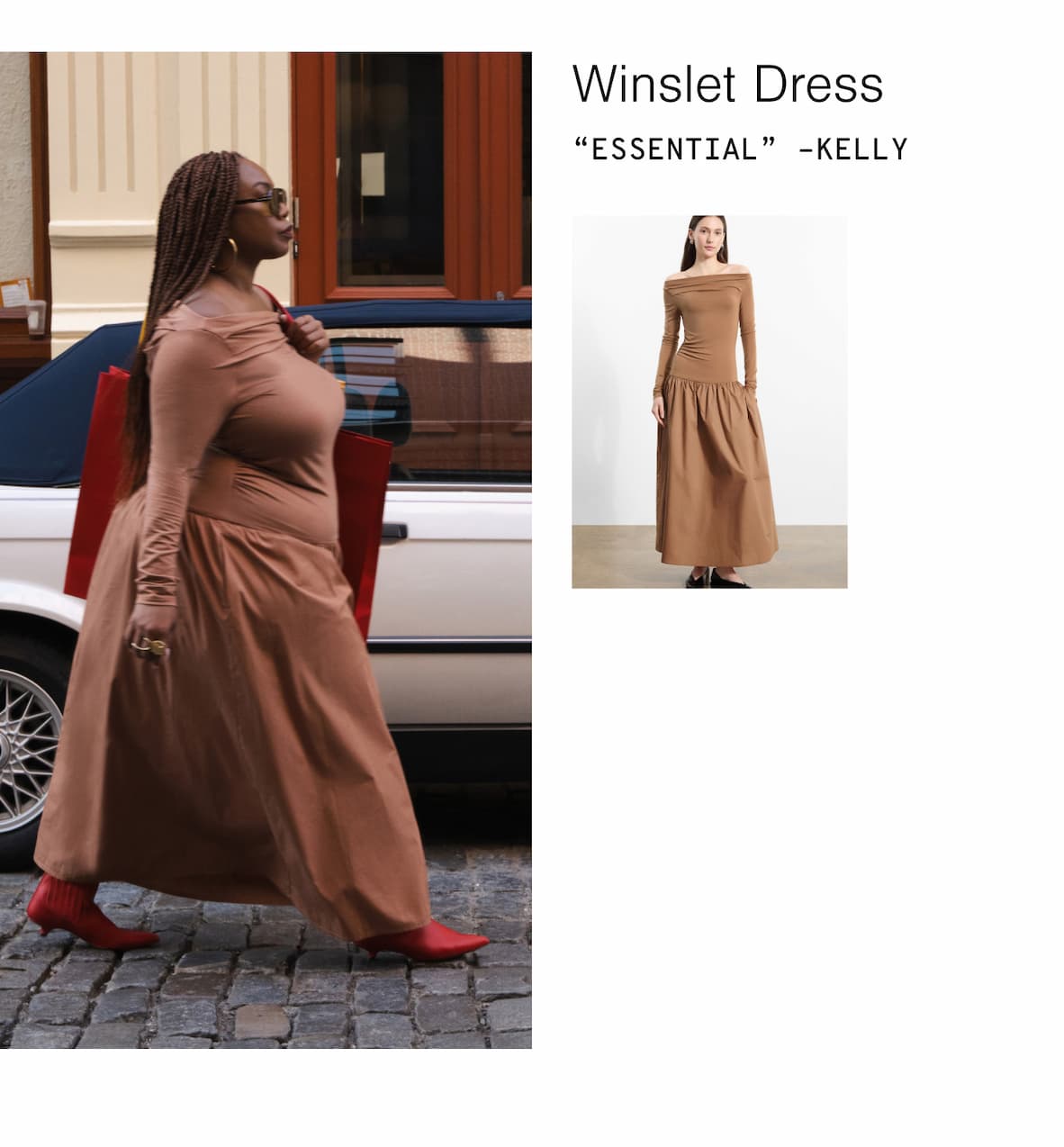 Kelly Augustine walks down the street in The Winslet Dress with red Gemma Boots.