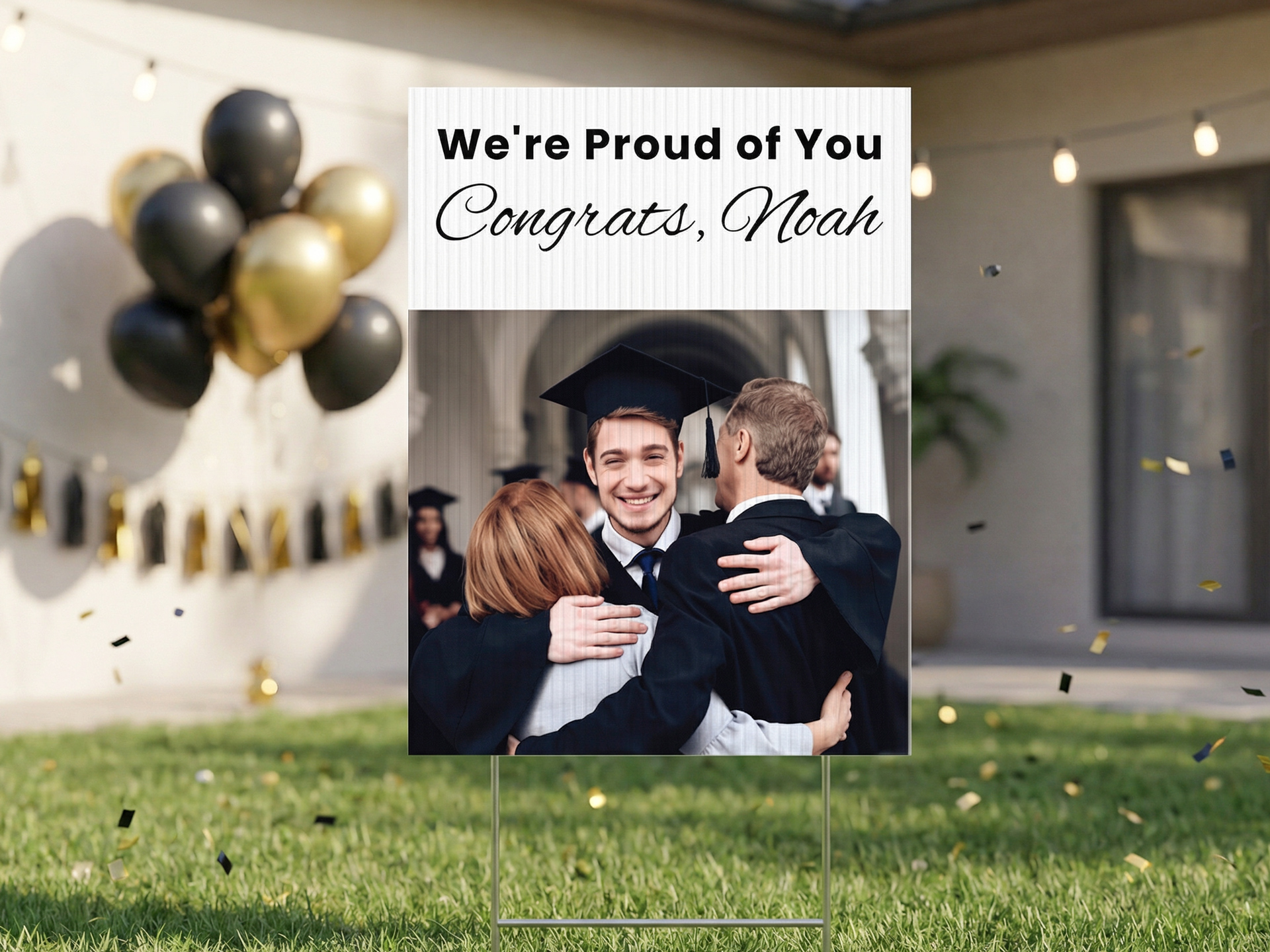 Custom graduation yard sign displayed on a lawn, featuring a graduate photo, “We’re Proud of You” and “Congrats, Noah” text, with balloons and confetti in the background.