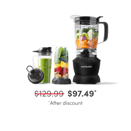nutribullet® blender with a pitcher full of vegetables, and two different sized cups with juice and vegetables.