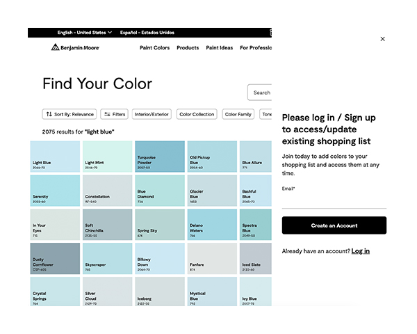 A pop-up log in screen appears over the results of a Benjamin Moore color search for light blue.