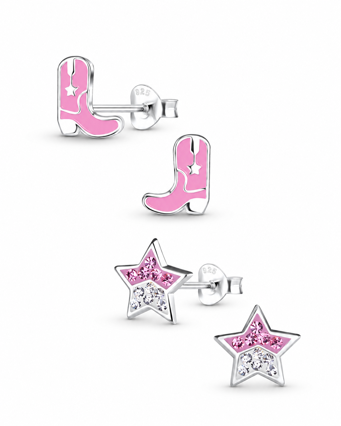 Image of Sterling Silver Stud Earrings Pink Boots and Star Set