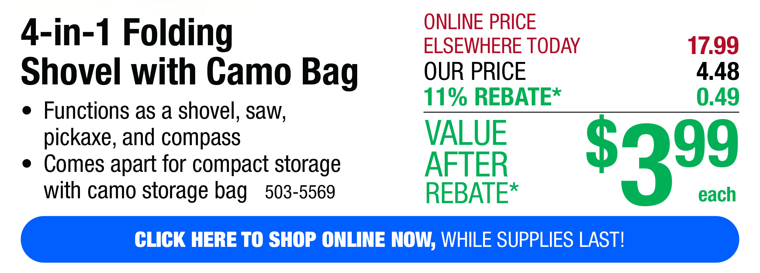 4-in-1 Folding Shovel with Camo Bag - FREE Shipping to Store!