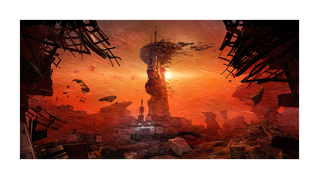 Key art for Alien Deathstorm featuring a base on a foreign planet being destroyed in a massive storm.