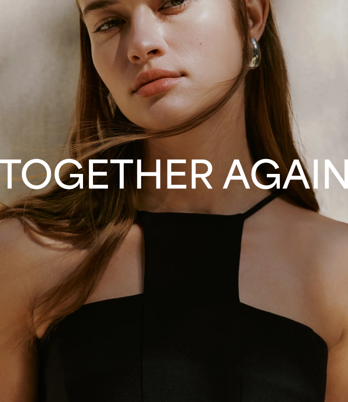 Close-up of Bianca wearing The Bianca Top with the text “Together Again.”