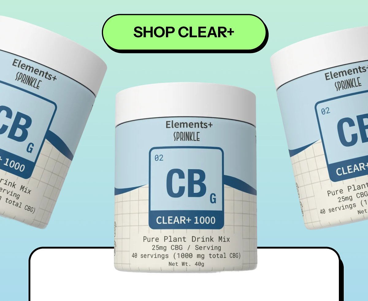 Clear+ plant drink mix with 25mg CBG per serving, 40 servings, 1000mg total CBG.