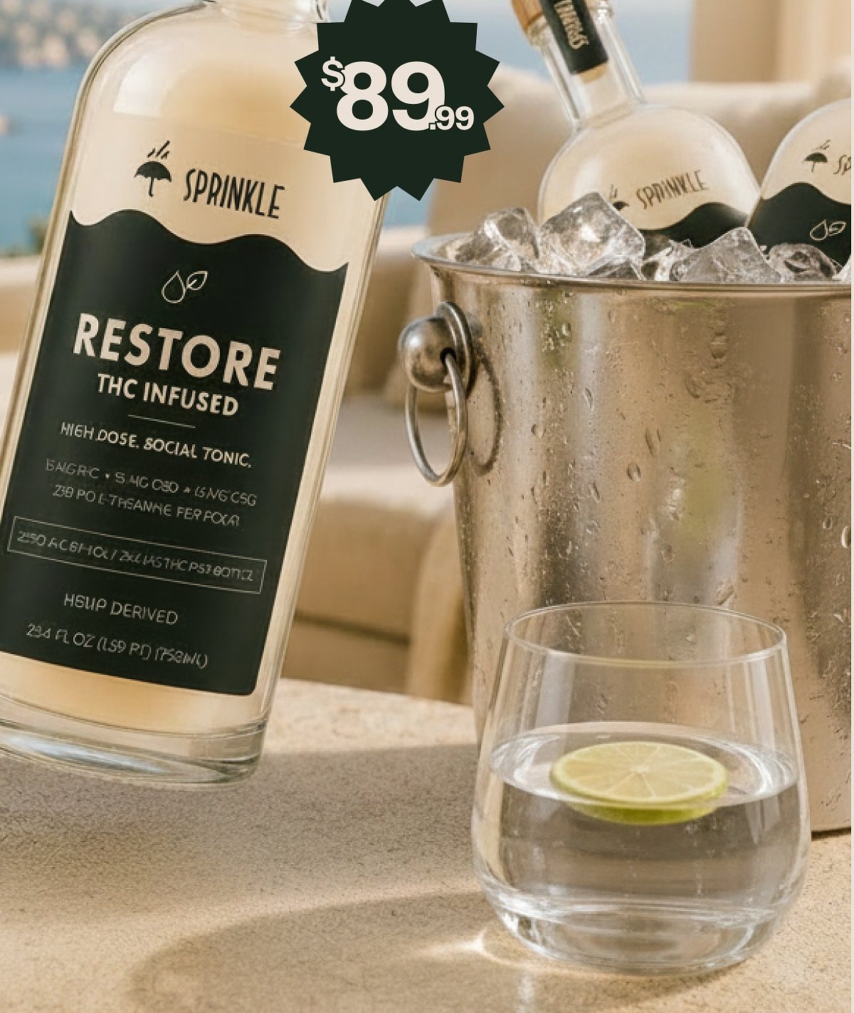 Bottle of THC-infused tonic next to a glass of water with a lime slice.