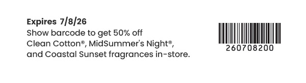 Text states coupon expires 7/8/26 and gives 50 percent off select fragrances. Barcode and number shown.