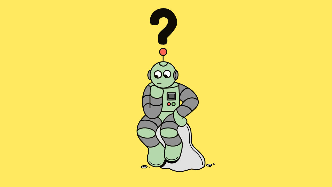 A thoughtful robot sitting on a rock, resembling The Thinker, with a question mark above its head