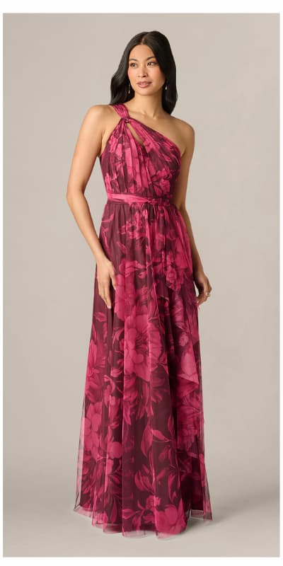 One Shoulder Twist Floral Tulle Gown In Burgundy Multi